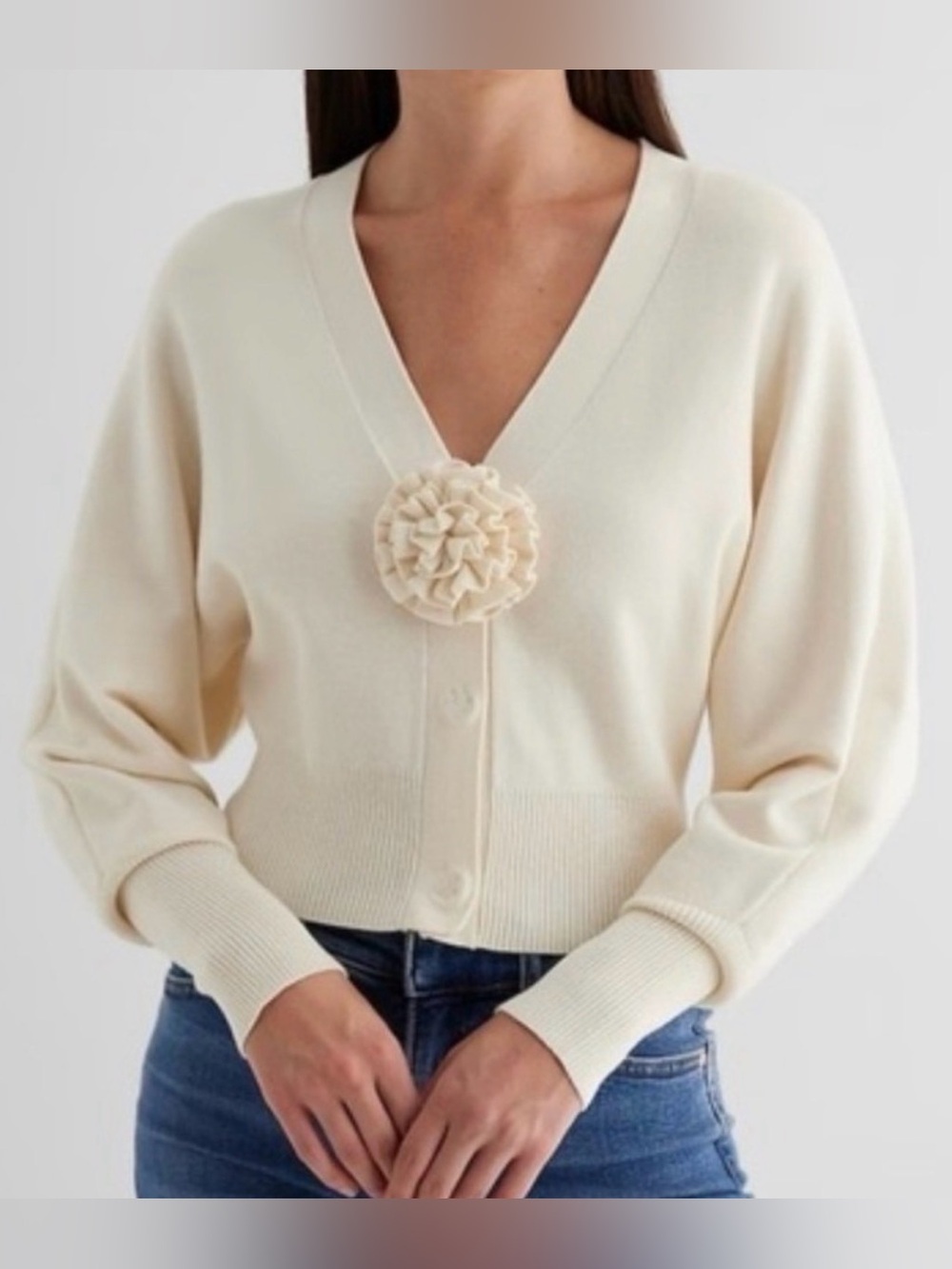 Express Cream V-Neck Cardigan with Floral Rosette